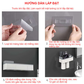 Giá treo bàn chải dính tường phòng tắm Mengni kèm 3 cốc hút nam châm và nhả kem đánh răng