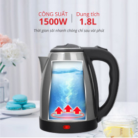 Ấm đun nước siêu tốc Inox Electric Kettle 1.8L công suất 1500W, xuất xứ Việt Nam