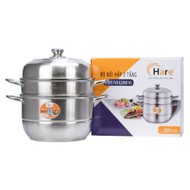 Bộ nồi hấp 3 tầng Inox cao cấp Hare HR-NH28F6 size 28cm, bảo hành 12 tháng