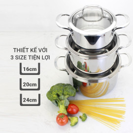 Bộ 3 nồi Inox 3 lớp liền khối Kalpen Kazler KZ1 size 16,20,24cm chuẩn Đức