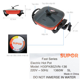 Nồi lẩu điện Fast Cooking Supor H30FK802VN-136 công suất 1360W, bảo hành 12 tháng