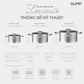 Bộ 3 nồi inox 304 đúc liền khối Levante GUME Hàn Quốc GMP18