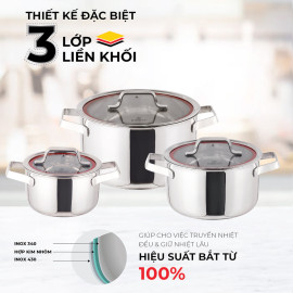 Bộ nồi inox 3 lớp liền khối Kalpen Emer EM1 size 1620/24cm hàng Đức, bảo hành 30 năm