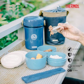 Hộp cơm giữ nhiệt 3 ngăn Nhật Bản Thermos JBC-801 màu xanh kèm túi xách