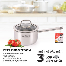 Quánh inox 3 lớp liền khối Kalpen Emer EM16 size 16cm, bảo hành 30 năm