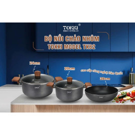 Bộ 2 nồi 1 chảo nhôm chống dính 5 lớp Tokki Hàn Quốc TK82 đáy từ