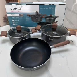 Bộ 2 nồi 1 chảo nhôm chống dính 5 lớp Tokki Hàn Quốc TK82 đáy từ