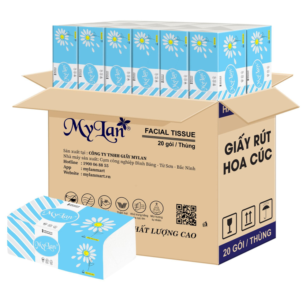 Thùng 20 gói Giấy rút đa năng cao cấp Hoa Cúc 4 lớp MyLan (400 tờ/gói)