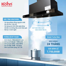 Máy hút mùi Kohn KB3 Turbo Max điều khiển cảm ứng, bảo hành 2 năm