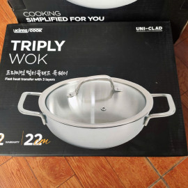 Chảo Inox 304 đúc liền 3 lớp 2 quai Kimscook Uni-Clad 22cm vung kính