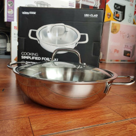 Chảo Inox 304 đúc liền 3 lớp 2 quai Kimscook Uni-Clad 26cm vung kính