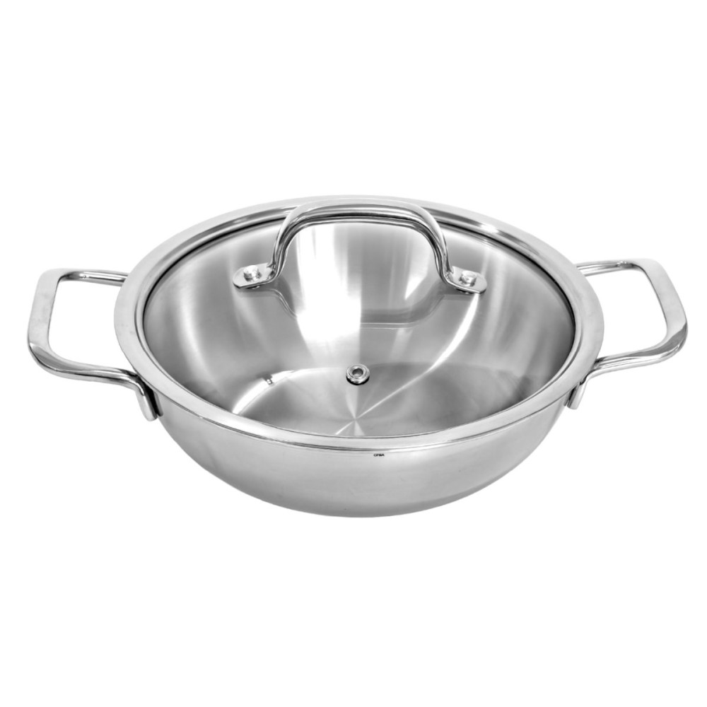 Chảo Inox 304 đúc liền 3 lớp 2 quai Kimscook Uni-Clad 26cm vung kính