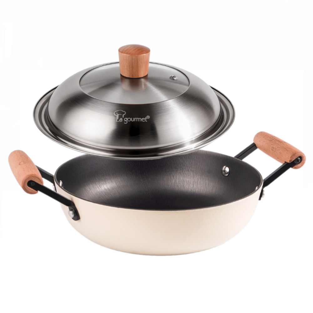 Chảo gang tráng men 2 tay cầm chống dính tự nhiên La gourmet 26cm kèm vung Inox