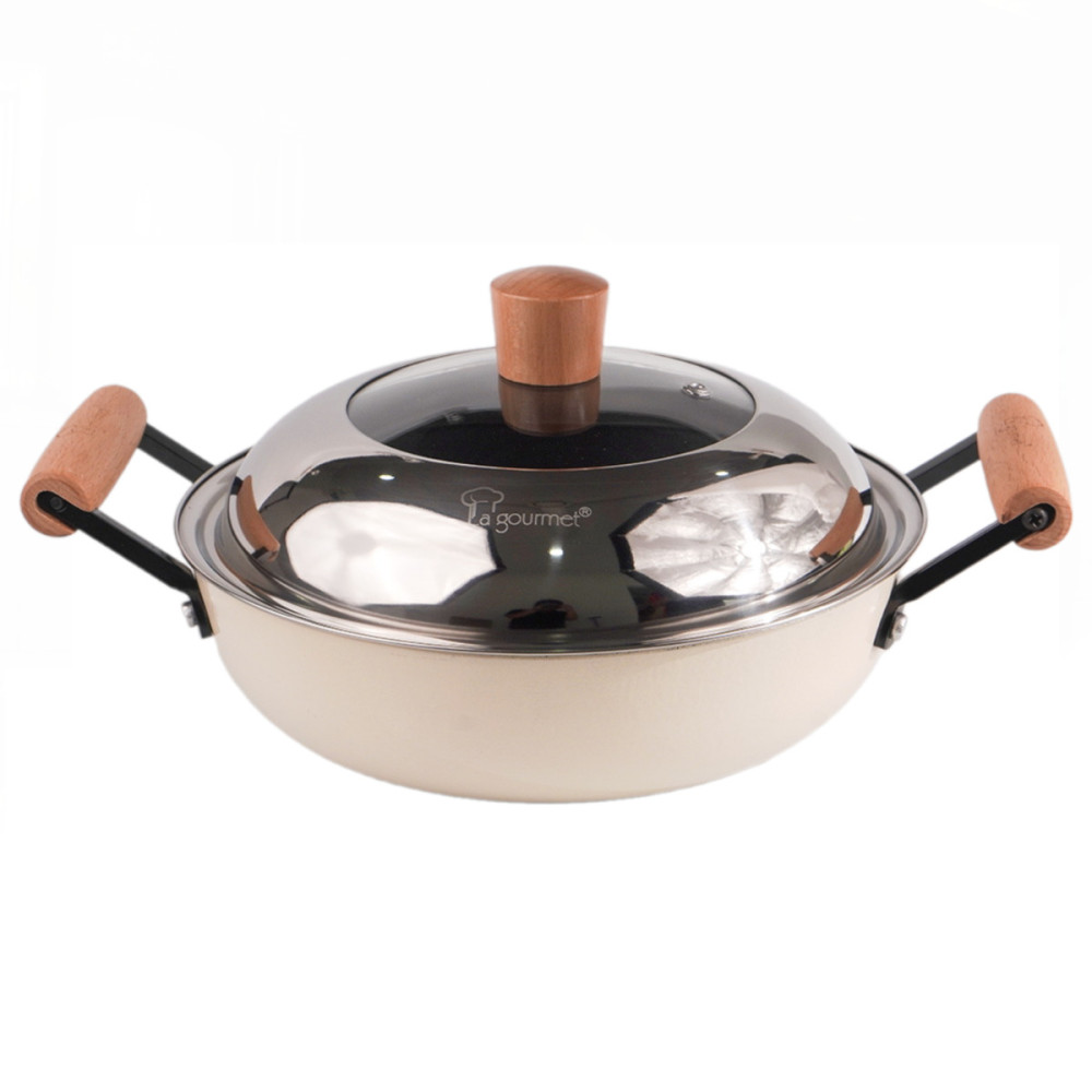 Chảo gang tráng men 2 tay cầm La gourmet Nitrigan Pear Mist 30cm kèm vung Inox