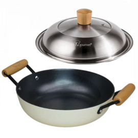 Chảo gang 2 tay cầm chống dính tự nhiên Nitrigan La gourmet 32cm tặng vung Inox