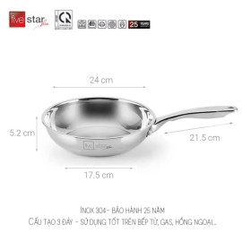 Chảo inox 304 đúc liền khối 3 lớp Fivestar Plus FPC24008 size 24cm