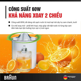 Máy vắt cam Braun CJ3050WH quay 2 chiều, công suất 60W chuẩn Đức