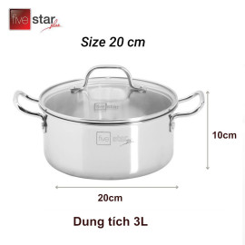 Nồi Inox 304 Fivestar Plus thân đúc đáy liền 20cm kèm vung kính