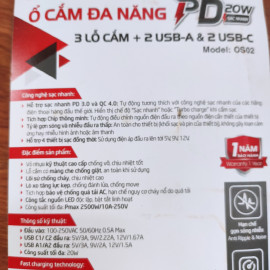Ổ cắm điện đa năng 4 USB PD 20W sạc nhanh Ominsu 2500W OS02