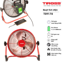 Quạt tích điện Tiross TS9178 cánh 12 inch, sạc nhanh, dùng tới 20 giờ