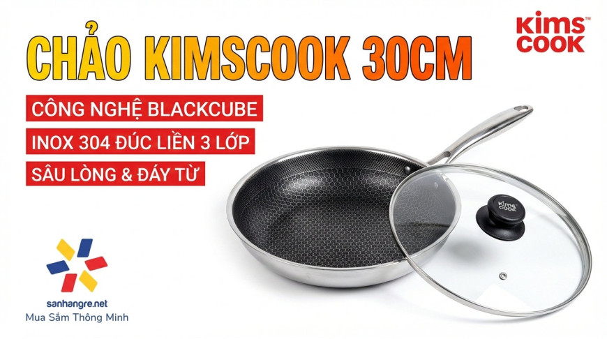 Chảo chống dính sâu lòng 30cm Kimscook Blackcube 3 lớp đúc liền Inox 304 đáy từ