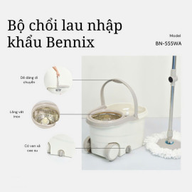 Bộ lau nhà cán Inox Bennix Thái Lan BN-555WA xoay 360 có bánh xe lớn