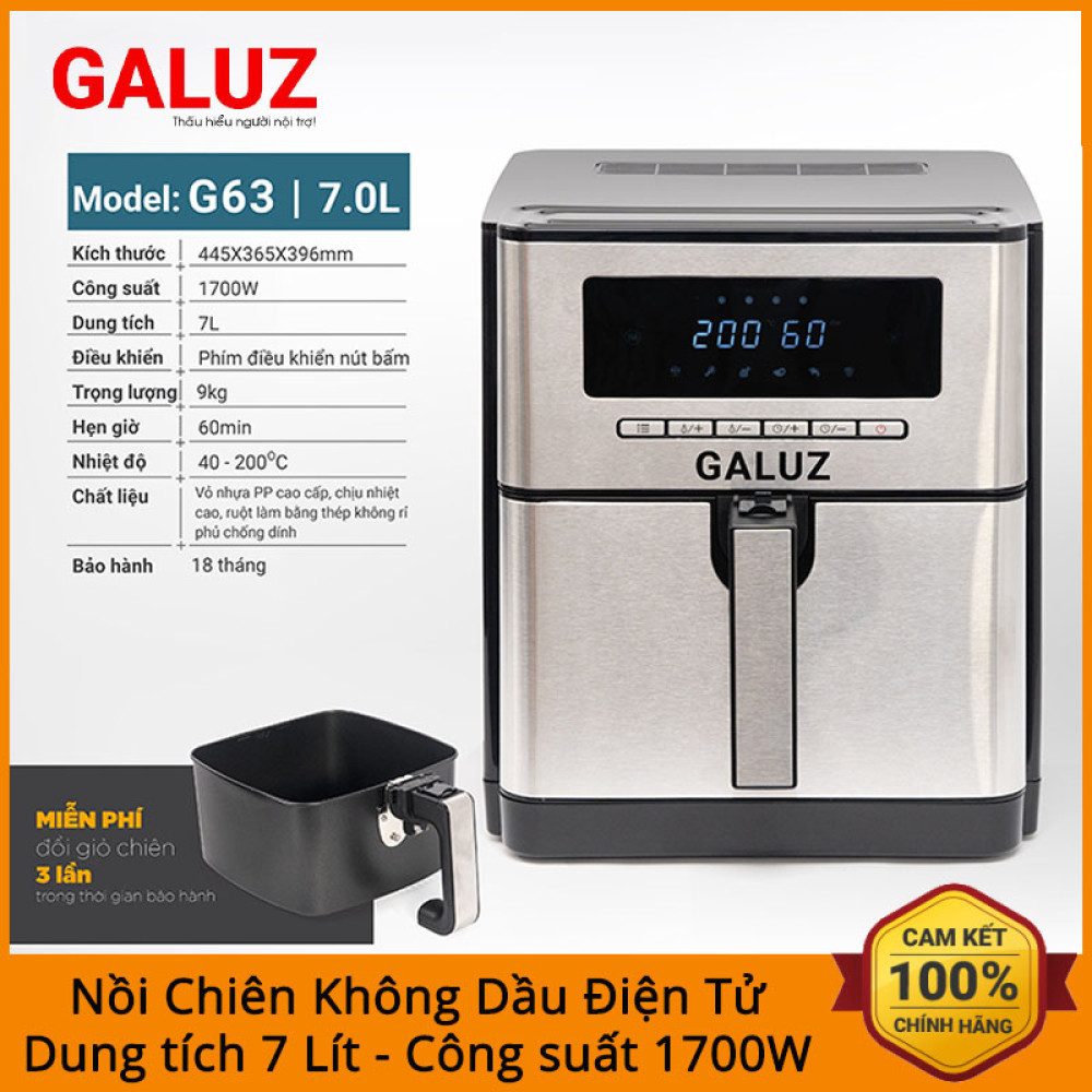 Nồi chiên không dầu điện tử 7 lít Galuz G-63 công suất 1700W bảo hành chính hãng 18 tháng