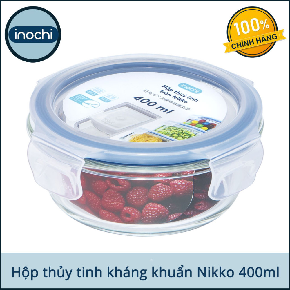 Hộp thuỷ tinh tròn cao cấp kháng khuẩn đựng thực phẩm Inochi Nikko 400ml nắp hít chân không