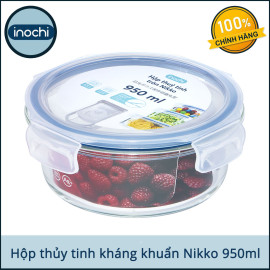 Hộp thủy tinh tròn kháng khuẩn Inochi Nikko 950ml nắp hít chân không - Hàng xuất Nhật