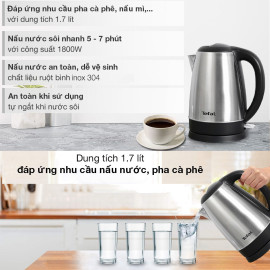 Ấm siêu tốc Inox 304 Tefal KI800D68 1.7L công suất 1800W bảo hành 24 tháng