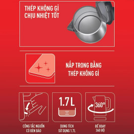 Ấm siêu tốc Inox 304 Tefal KI800D68 1.7L công suất 1800W bảo hành 24 tháng