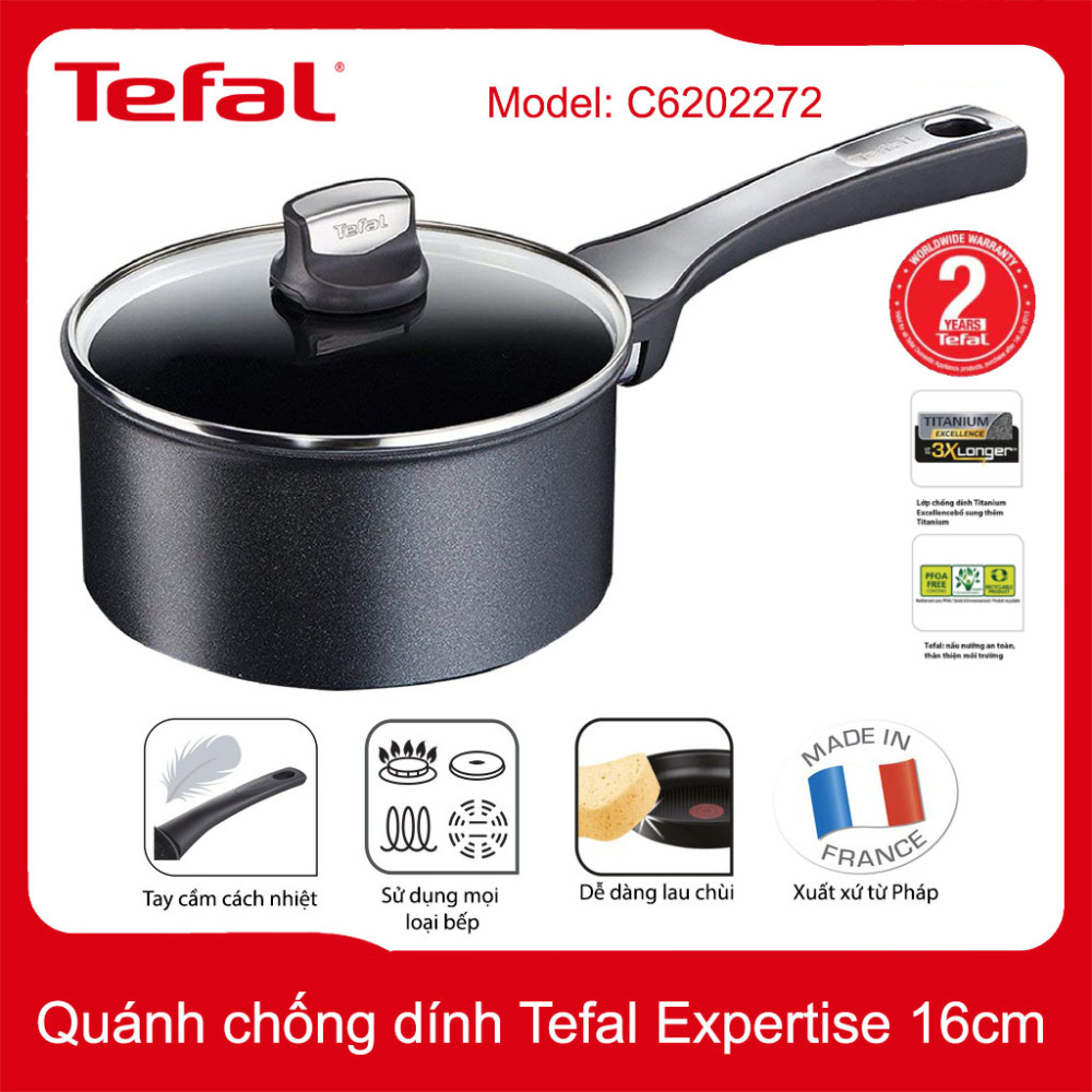 Quánh chống dính 16cm Tefal Expertise C6202272 vung kính dùng bếp từ, xuất xứ Pháp