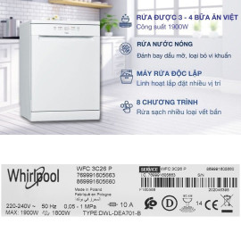 Máy rửa bát độc lập 14 bộ Whirlpool WFC 3C26P nhập khẩu Ba Lan