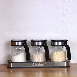 Bộ 3 hũ thủy tinh đựng gia vị 300ml Kalpen SB2 kèm khay và muỗng Inox