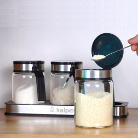 Bộ 3 hũ thủy tinh đựng gia vị 300ml Kalpen SB2 kèm khay và muỗng Inox
