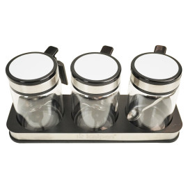 Bộ 3 hũ thủy tinh đựng gia vị 300ml Kalpen SB2 kèm khay và muỗng Inox