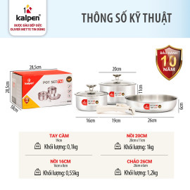 Bộ 2 nồi và chảo Inox 304 liền khối Kalpen TA1 cán rời, bảo hành 10 năm