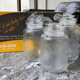 Bộ 3 hũ thuỷ tinh Lebenlang LBL1210 hoa văn nổi, dung tích 1L, 1.3L, 1.5L