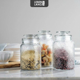 Bộ 3 hũ thuỷ tinh Lebenlang LBL1210 hoa văn nổi, dung tích 1L, 1.3L, 1.5L