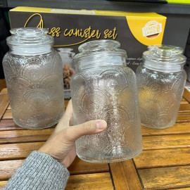 Bộ 3 hũ thuỷ tinh Lebenlang LBL1210 hoa văn nổi, dung tích 1L, 1.3L, 1.5L