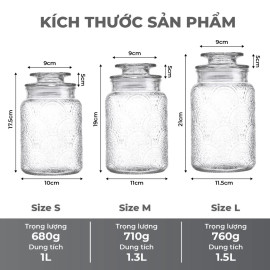 Bộ 3 hũ thuỷ tinh Lebenlang LBL1210 hoa văn nổi, dung tích 1L, 1.3L, 1.5L