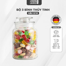 Bộ 3 hũ thuỷ tinh Lebenlang LBL1210 hoa văn nổi, dung tích 1L, 1.3L, 1.5L
