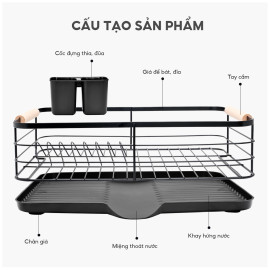 Giá đựng bát đũa thép cacbon Lebenlang LBL6666 có khay hứng nước, tay cầm gỗ