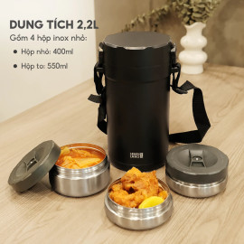 Hộp cơm giữ nhiệt 4 ngăn inox 304 Lebenlang Đức LBT856, dung tích 2.2L kèm đũa