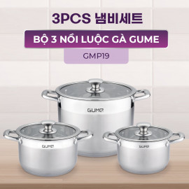 Bộ 3 nồi Inox 304 đáy 5 lớp Gume Hàn Quốc GMP19 size 18,20,28cm bảo hành 5 năm