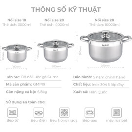 Bộ 3 nồi Inox 304 đáy 5 lớp Gume Hàn Quốc GMP19 size 18,20,28cm bảo hành 5 năm