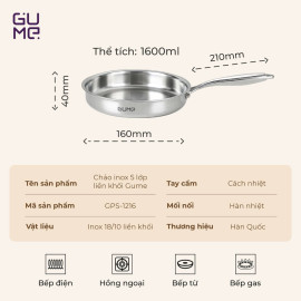 Chảo Inox 18/10 nguyên khối 5 lớp Gume Hàn Quốc size 16cm