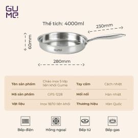 Chảo Inox 5 Lớp liền khối Gume Hàn Quốc GPS-1228 size 28cm