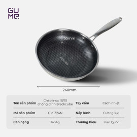 Chảo inox 18/10 chống dính Blackcube Gume Korea GM1324N size 24cm vung kính
