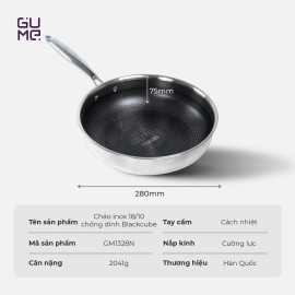 Chảo inox 18/10 chống dính Blackcube Gume Korea GM1328N size 28cm vung kính